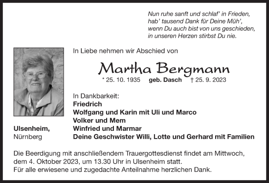 Traueranzeige von Martha Bergmann von Neustadt/ Scheinfeld/ Uffenheim
