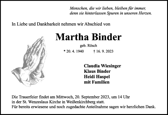 Traueranzeige von Martha Binder von Rothenburg