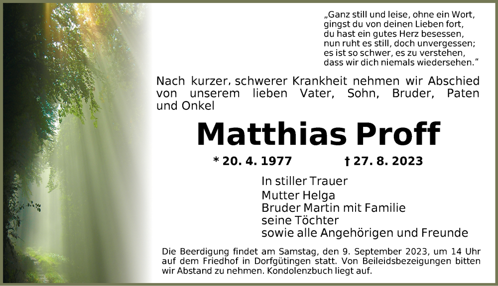  Traueranzeige für Matthias Proff vom 06.09.2023 aus Dinkelsbühl/ Feuchtwangen