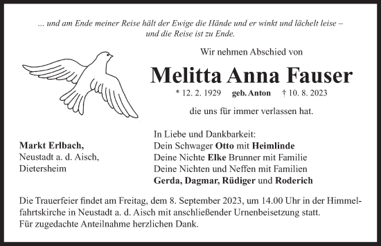 Traueranzeige von Melitta Anna Fauser von Neustadt/ Scheinfeld/ Uffenheim