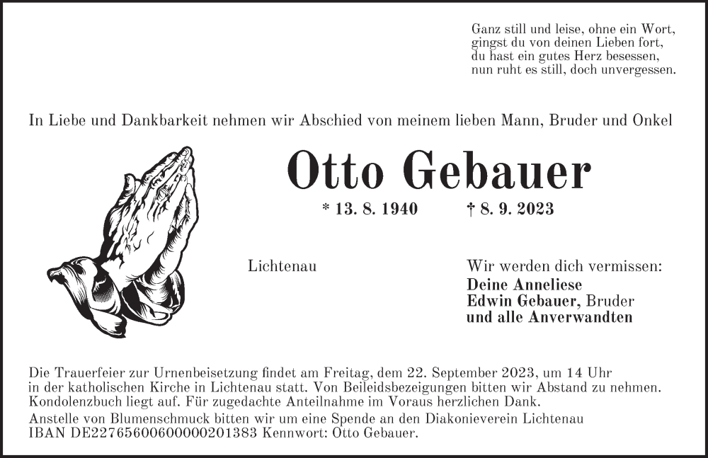  Traueranzeige für Otto Gebauer vom 20.09.2023 aus Ansbach