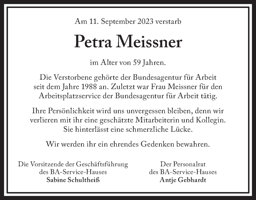  Traueranzeige für Petra Meissner vom 19.09.2023 aus GE