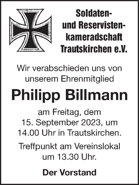 Traueranzeige von Philipp Billmann von Neustadt/ Scheinfeld/ Uffenheim