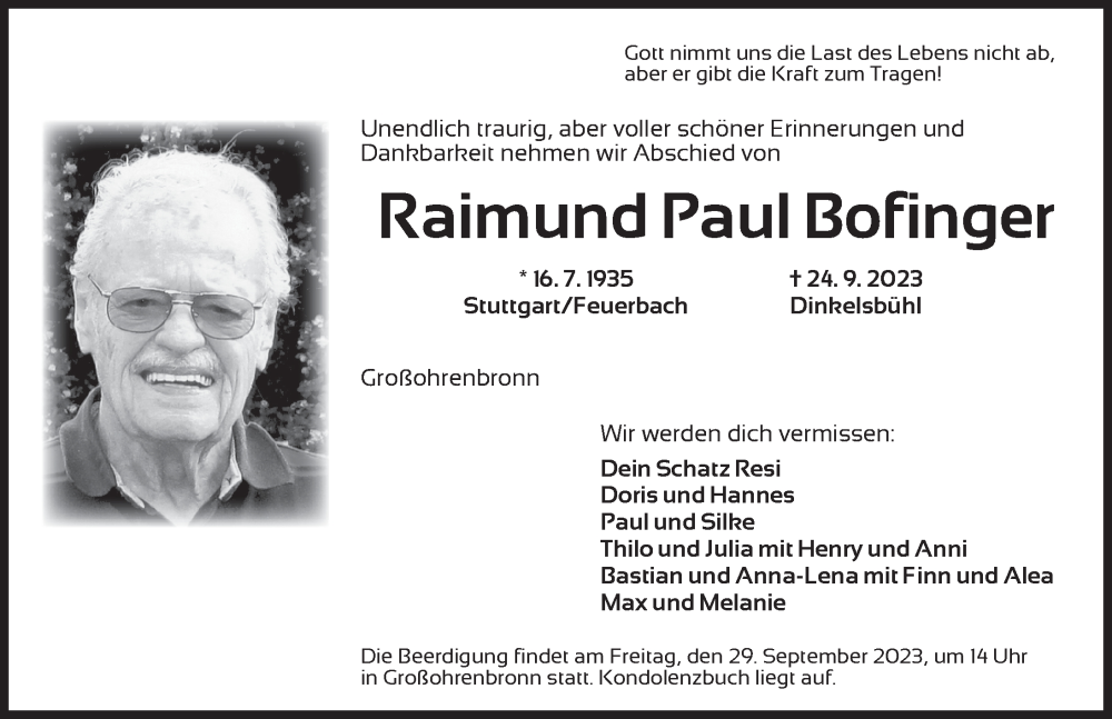  Traueranzeige für Raimund Paul Bofinger vom 27.09.2023 aus Dinkelsbühl/ Feuchtwangen