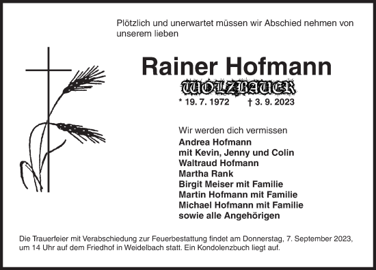 Traueranzeige von Rainer Hofmann von Dinkelsbühl/ Feuchtwangen