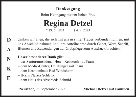 Traueranzeige von Regina Detzel von Neustadt/ Scheinfeld/ Uffenheim