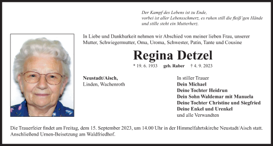 Traueranzeige von Regina Detzel von Neustadt/ Scheinfeld/ Uffenheim