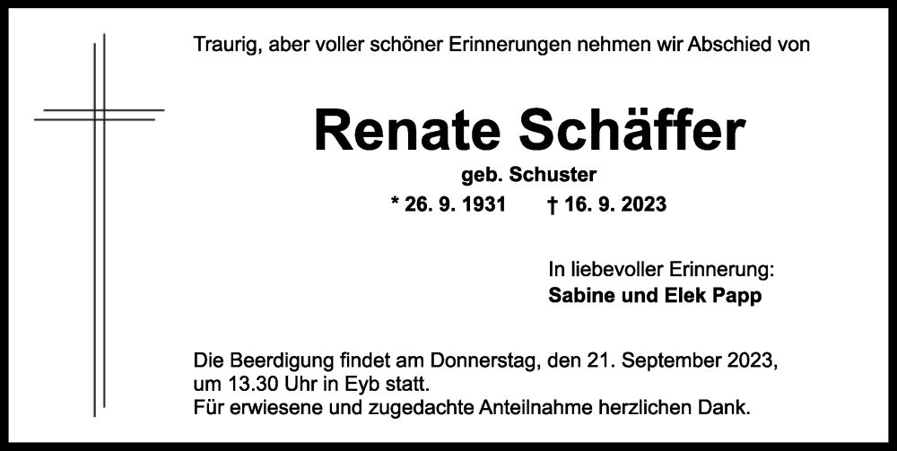  Traueranzeige für Renate Schäffer vom 19.09.2023 aus Ansbach