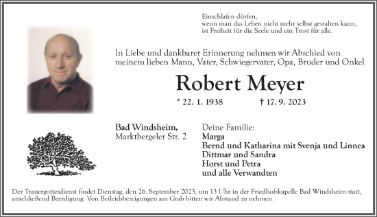 Traueranzeige von Robert Meyer von Neustadt/ Scheinfeld/ Uffenheim