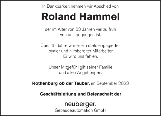 Traueranzeige von Roland Hammel von Rothenburg