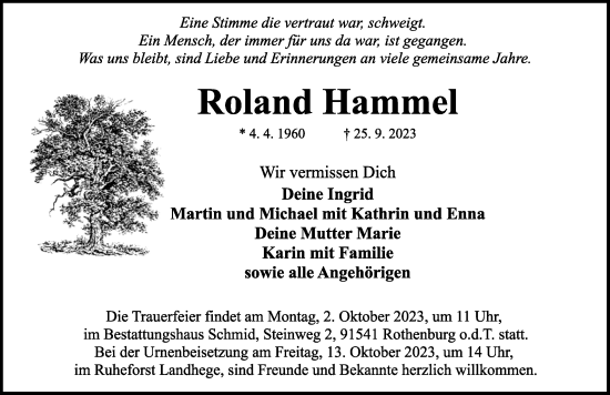 Traueranzeige von Roland Hammel von Rothenburg