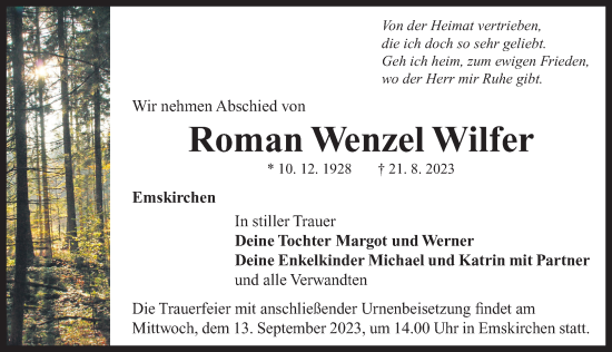 Traueranzeige von Roman Wenzel Wilfer von Neustadt/ Scheinfeld/ Uffenheim