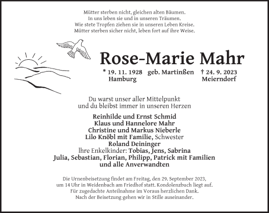 Traueranzeige von Rose-Marie Mahr von Ansbach