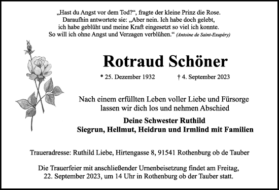 Traueranzeige von Rotraud Schöner von Rothenburg