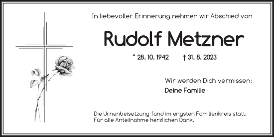 Traueranzeige von Rudolf Metzner von Neustadt/ Scheinfeld/ Uffenheim