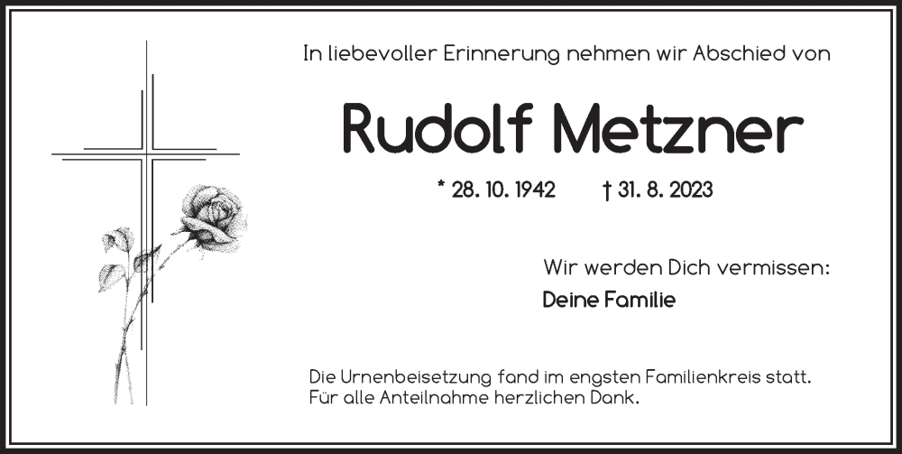  Traueranzeige für Rudolf Metzner vom 27.09.2023 aus Neustadt/ Scheinfeld/ Uffenheim