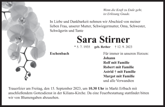 Traueranzeige von Sara Stirner von Neustadt/ Scheinfeld/ Uffenheim