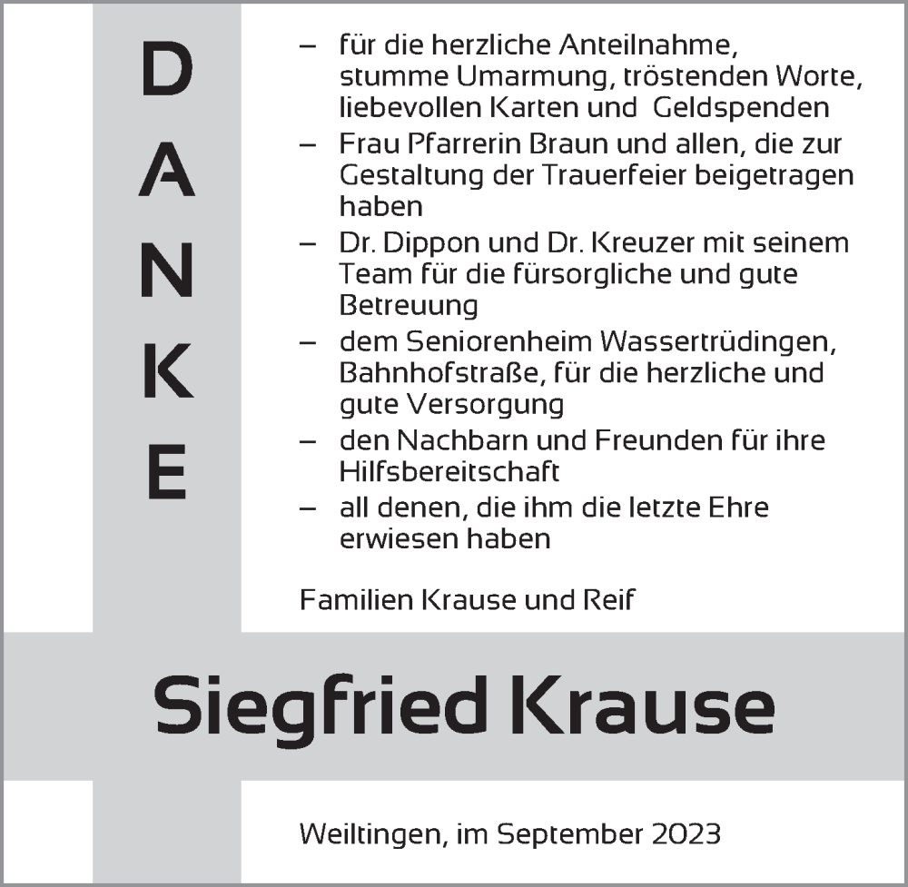  Traueranzeige für Siegfried Krause vom 09.09.2023 aus Dinkelsbühl/ Feuchtwangen