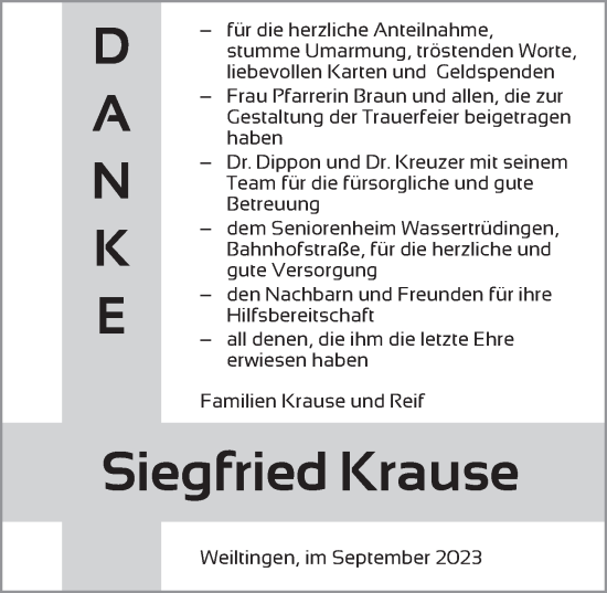 Traueranzeige von Siegfried Krause von Dinkelsbühl/ Feuchtwangen