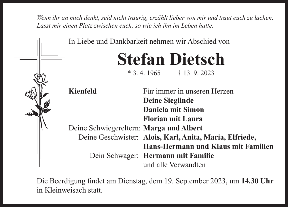  Traueranzeige für Stefan Dietsch vom 16.09.2023 aus Neustadt/ Scheinfeld/ Uffenheim