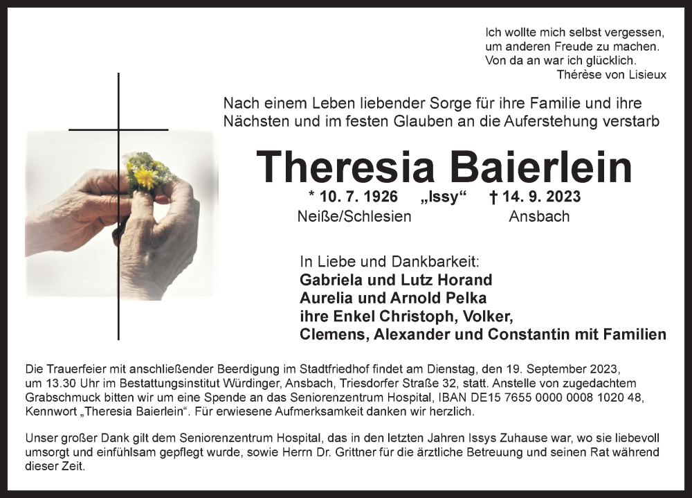  Traueranzeige für Theresia Baierlein vom 16.09.2023 aus Ansbach