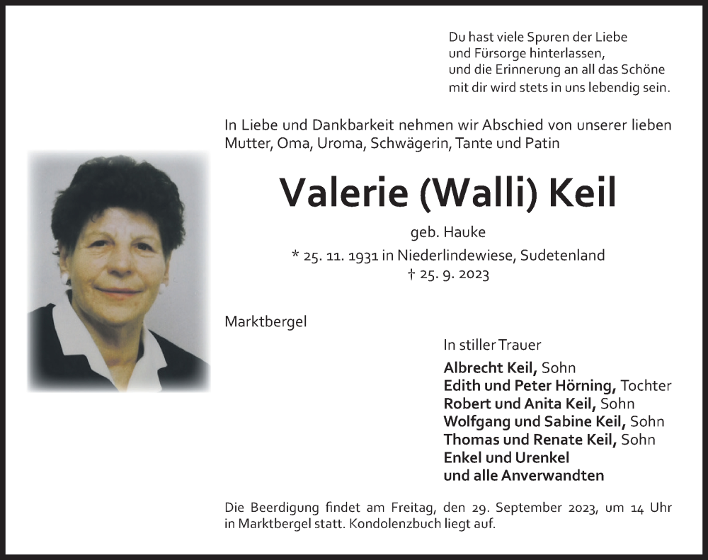  Traueranzeige für Valerie Walli Keil vom 27.09.2023 aus Neustadt/ Scheinfeld/ Uffenheim