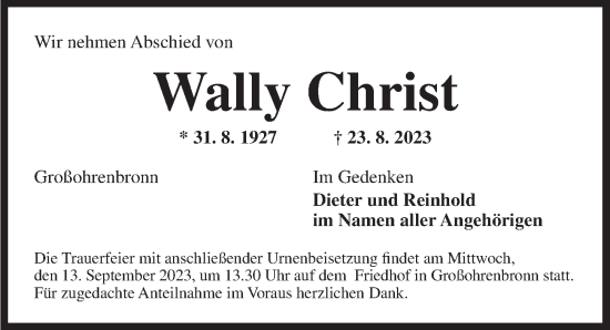 Traueranzeige von Wally Christ von Dinkelsbühl/ Feuchtwangen