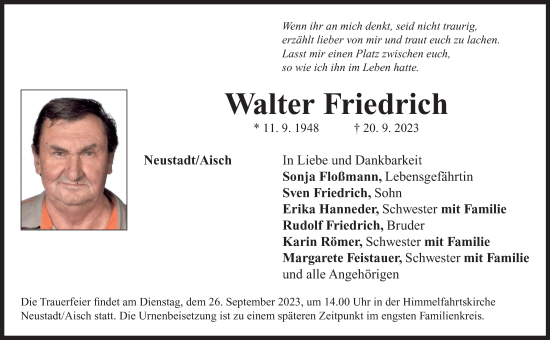 Traueranzeige von Walter Friedrich von Neustadt/ Scheinfeld/ Uffenheim