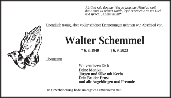 Traueranzeige von Walter Schemmel von Neustadt/ Scheinfeld/ Uffenheim