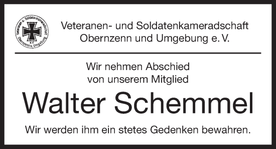 Traueranzeige von Walter Schemmel von Neustadt/ Scheinfeld/ Uffenheim