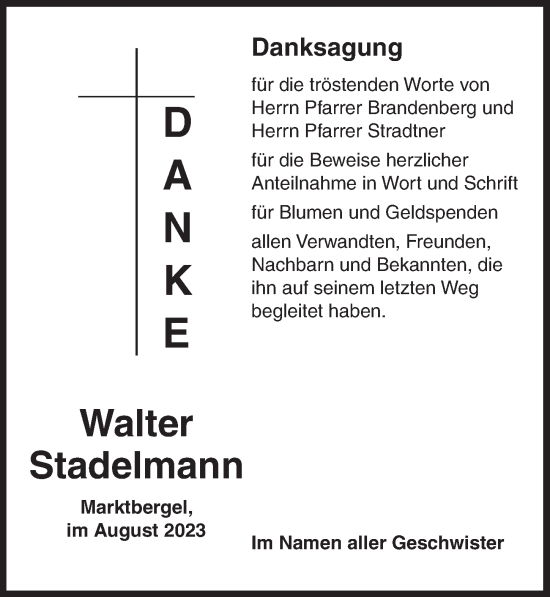 Traueranzeige von Walter Stadelmann von Neustadt/ Scheinfeld/ Uffenheim