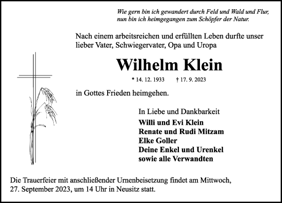 Traueranzeige von Wilhelm Klein von Rothenburg