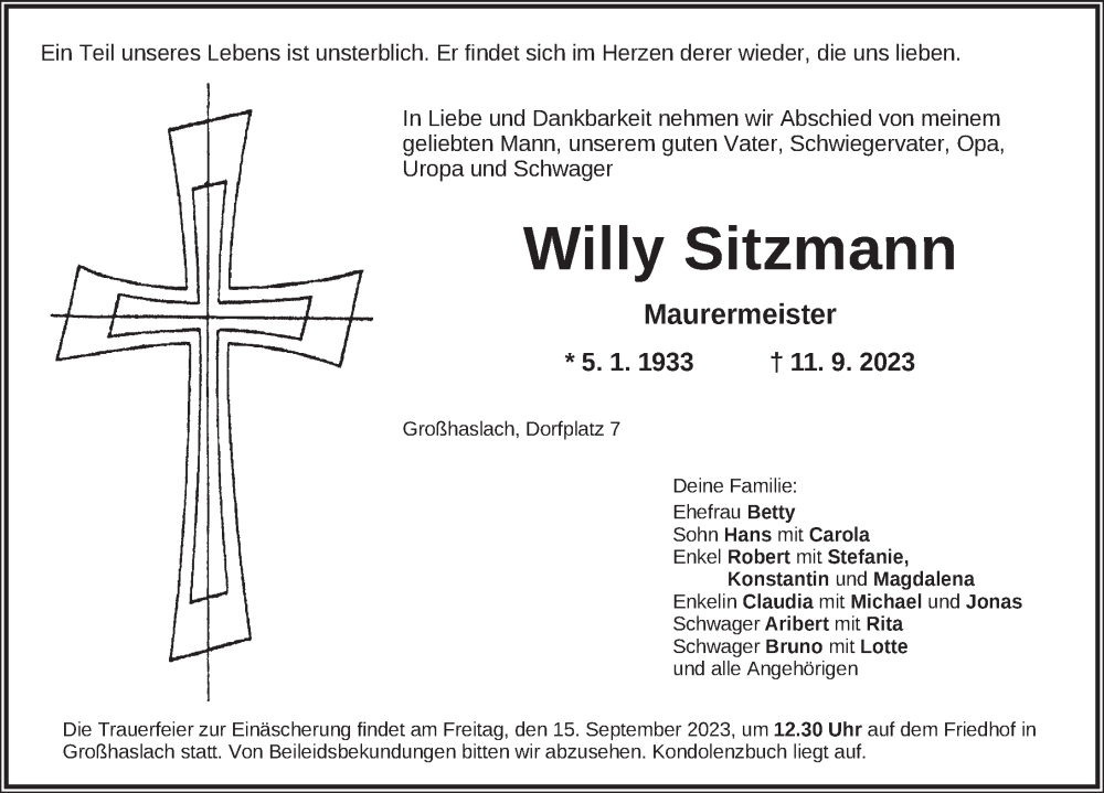  Traueranzeige für Willy Sitzmann vom 13.09.2023 aus Ansbach