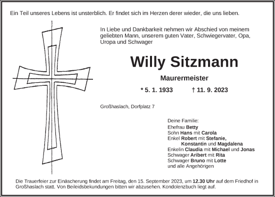 Traueranzeige von Willy Sitzmann von Ansbach