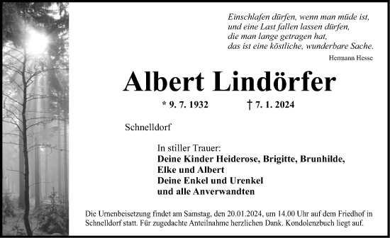 Traueranzeige von Albert Lindörfer von Dinkelsbühl/ Feuchtwangen