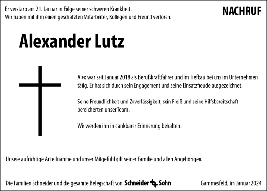 Traueranzeige von Alexander Lutz von Neustadt/ Scheinfeld/ Uffenheim
