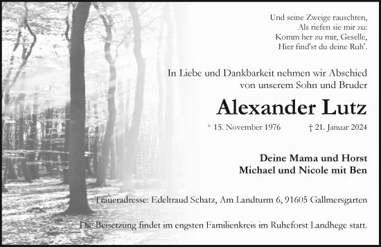 Traueranzeige von Alexander Lutz von Neustadt/ Scheinfeld/ Uffenheim