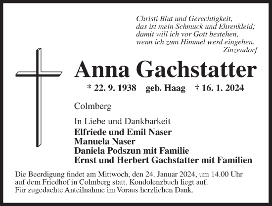 Traueranzeige von Anna Gachstatter von Ansbach
