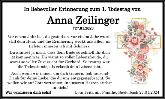 Traueranzeige von Anna Zeilinger von Neustadt/ Scheinfeld/ Uffenheim