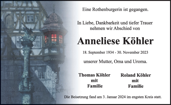 Traueranzeige von Anneliese Köhler von Rothenburg