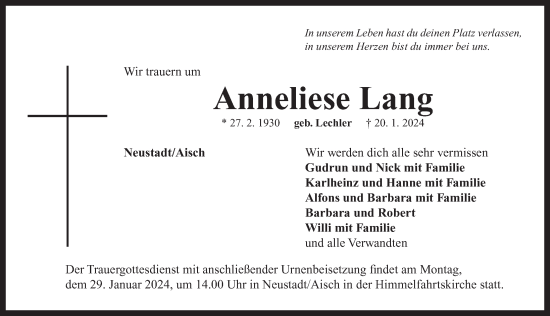 Traueranzeige von Anneliese Lang von Neustadt/ Scheinfeld/ Uffenheim