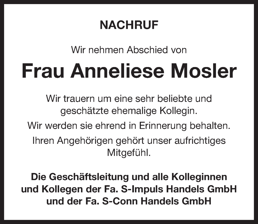  Traueranzeige für Anneliese Mosler vom 24.01.2024 aus Neustadt/ Scheinfeld/ Uffenheim