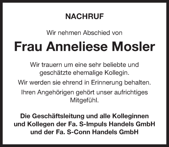 Traueranzeige von Anneliese Mosler von Neustadt/ Scheinfeld/ Uffenheim