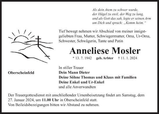 Traueranzeige von Anneliese Mosler von Neustadt/ Scheinfeld/ Uffenheim