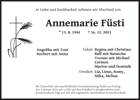 Traueranzeige von Annemarie Füsti von Neustadt/ Scheinfeld/ Uffenheim