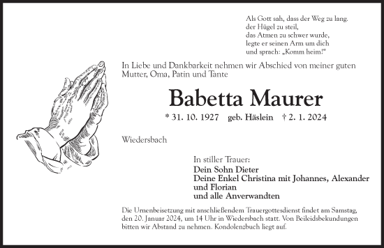 Traueranzeige von Babetta Maurer von Ansbach