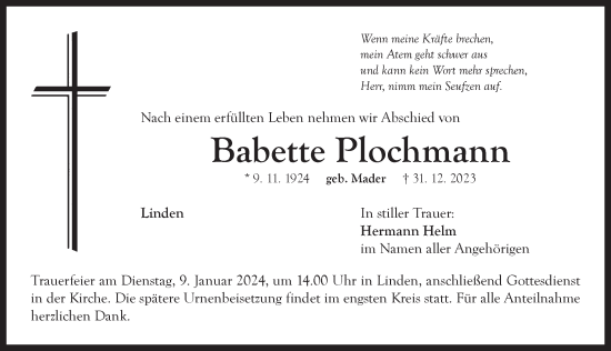 Traueranzeige von Babette Plochmann von Neustadt/ Scheinfeld/ Uffenheim