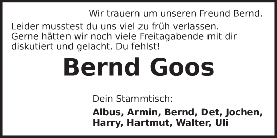 Traueranzeige von Bernd Goos von Neustadt/ Scheinfeld/ Uffenheim