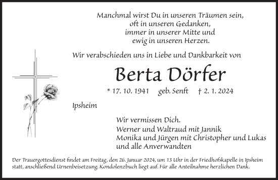 Traueranzeige von Berta Dörfer von Neustadt/ Scheinfeld/ Uffenheim