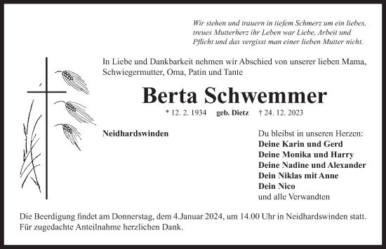 Traueranzeige von Berta Schwemmer von Neustadt/ Scheinfeld/ Uffenheim